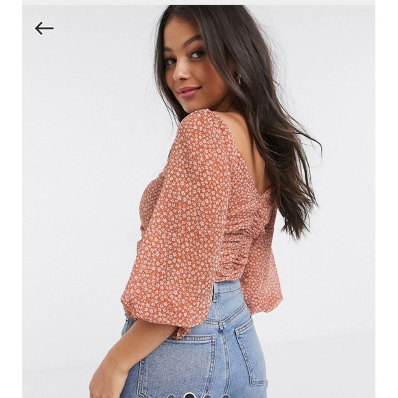 ASOS DESIGN Petite Floral Shirred Front Long Sleeve Top Floral Size US 12 - Picture 2 of 3